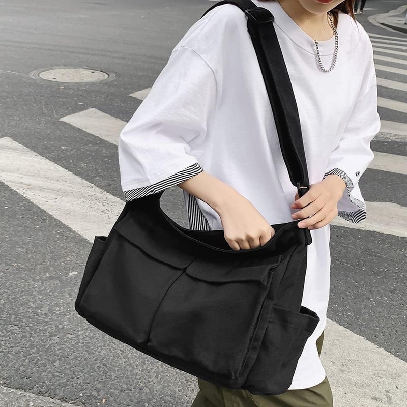 PRAGARI Canvas Crossbody Bag Messenger Cute Bag with Pins and Pendant for Women Girls Casual Shoulder Aesthetic School bag - Image 5